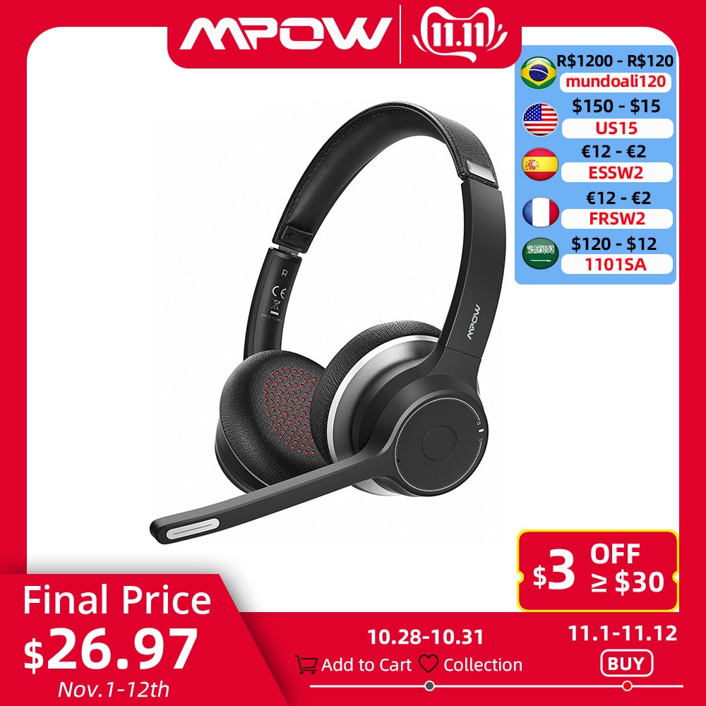 Mpow HC5 Bluetooth 5.0 Headset For Call Center Office Wireless Wired 2 in 1 22H Long Life CVC 8.0 Noise Cancelling Mic