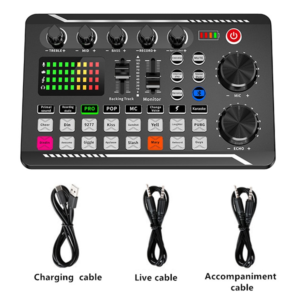 Volume Control Bluetooth-compatible Audio Mixer Live Sound Card Noise Cancelling For Phone Computer Desktop With LED Light