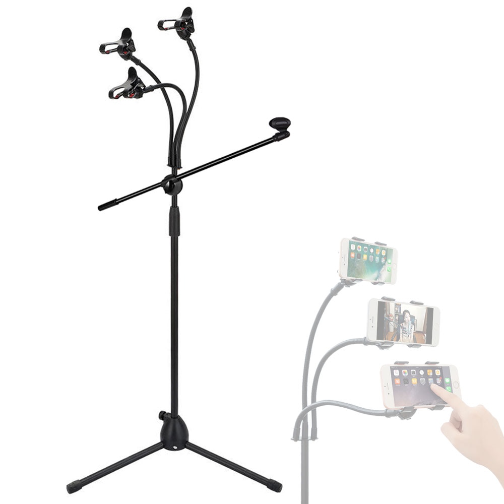 Tripod Microphone Stand with Boom Arm Multi-Functional Flex Arm for Phone Holder Clip LED Fill Light Tiktok Live Streaming Gear